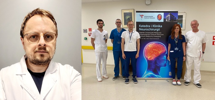 na zdjęciu od prawej: prof. Paweł Słoniewski, Justyna Fercho, dr Tomasz Szmuda, lek. Michał Krakowiak, lek. Kamil Siedlecki, dr hab. Grzegorz Miękisiak, prof. UO